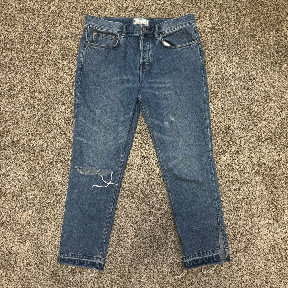 Free People Distressed Mid Rise Straight Leg Jeans